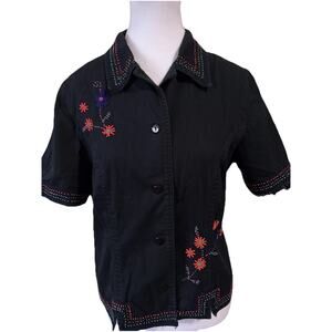 Stonebridge Black Beaded Embroidered Cotton Shirt Size 8 Short Sleeve Button Up